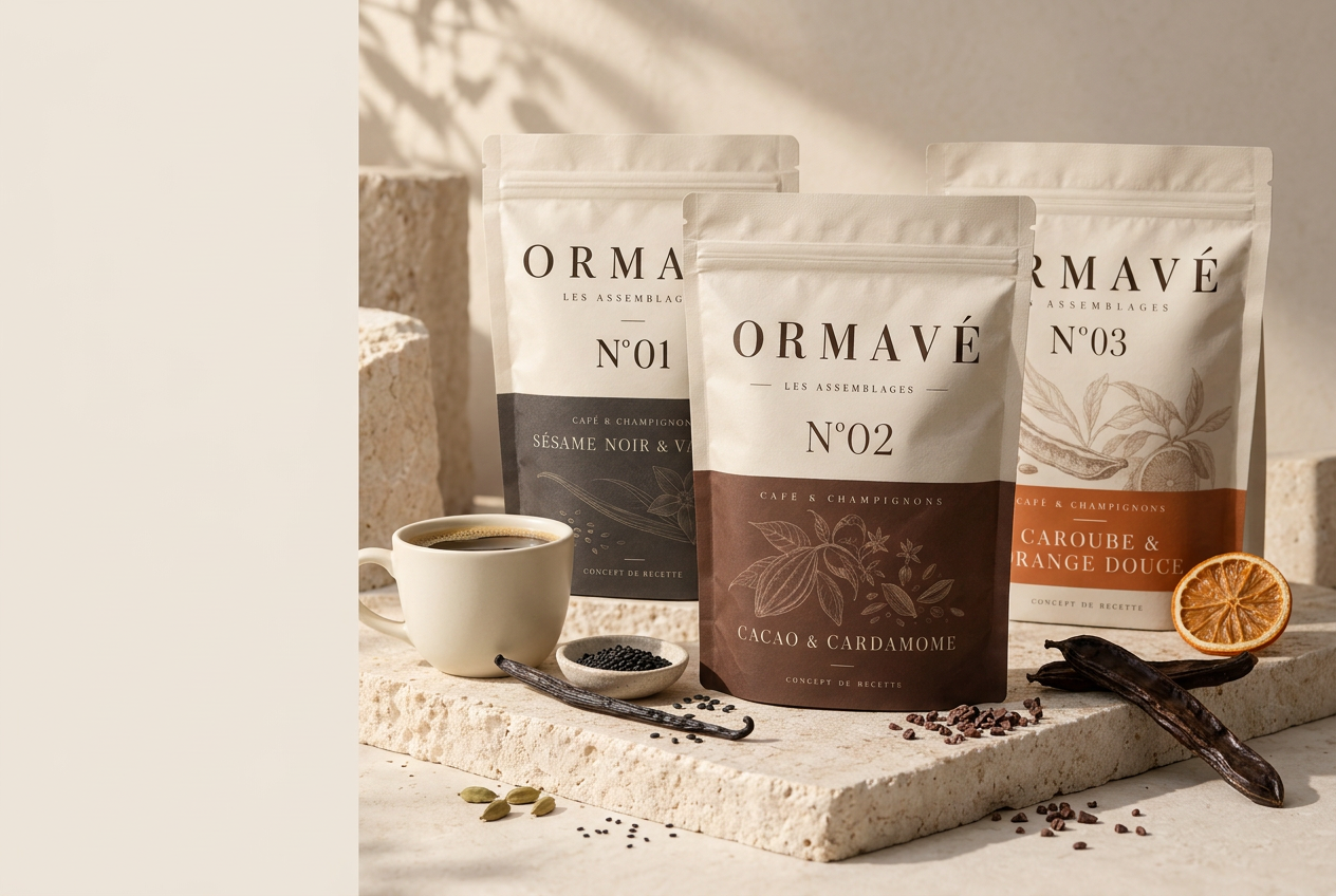 Les trois maquettes de sachets ORMAVÉ N°01, N°02 et N°03 sur une pierre claire, avec tasse et ingrédients d'inspiration