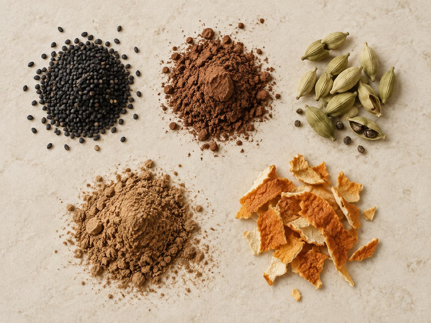 Tasse de café et ingrédients aromatiques sur une table