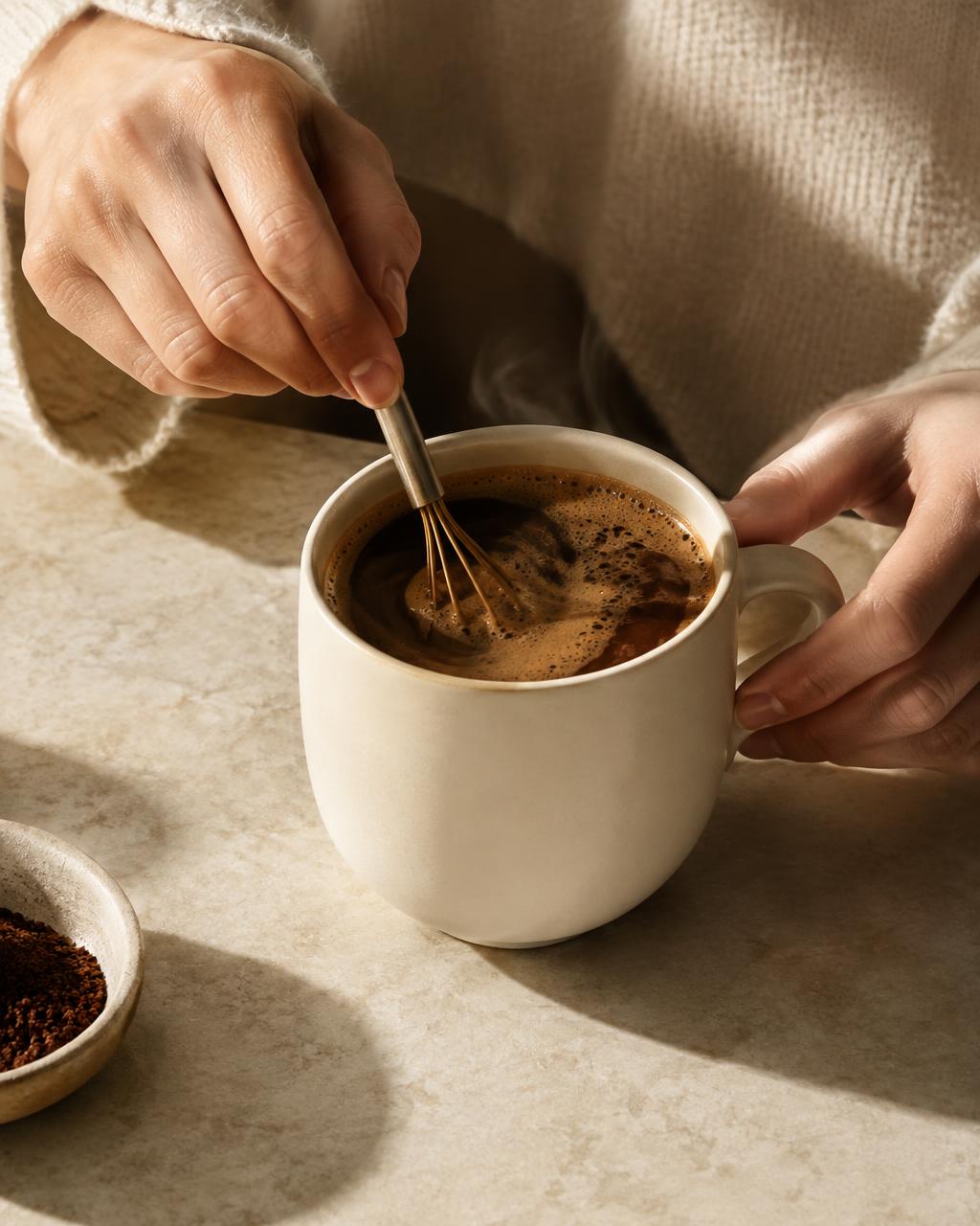Mains mélangeant un café dans une tasse ivoire