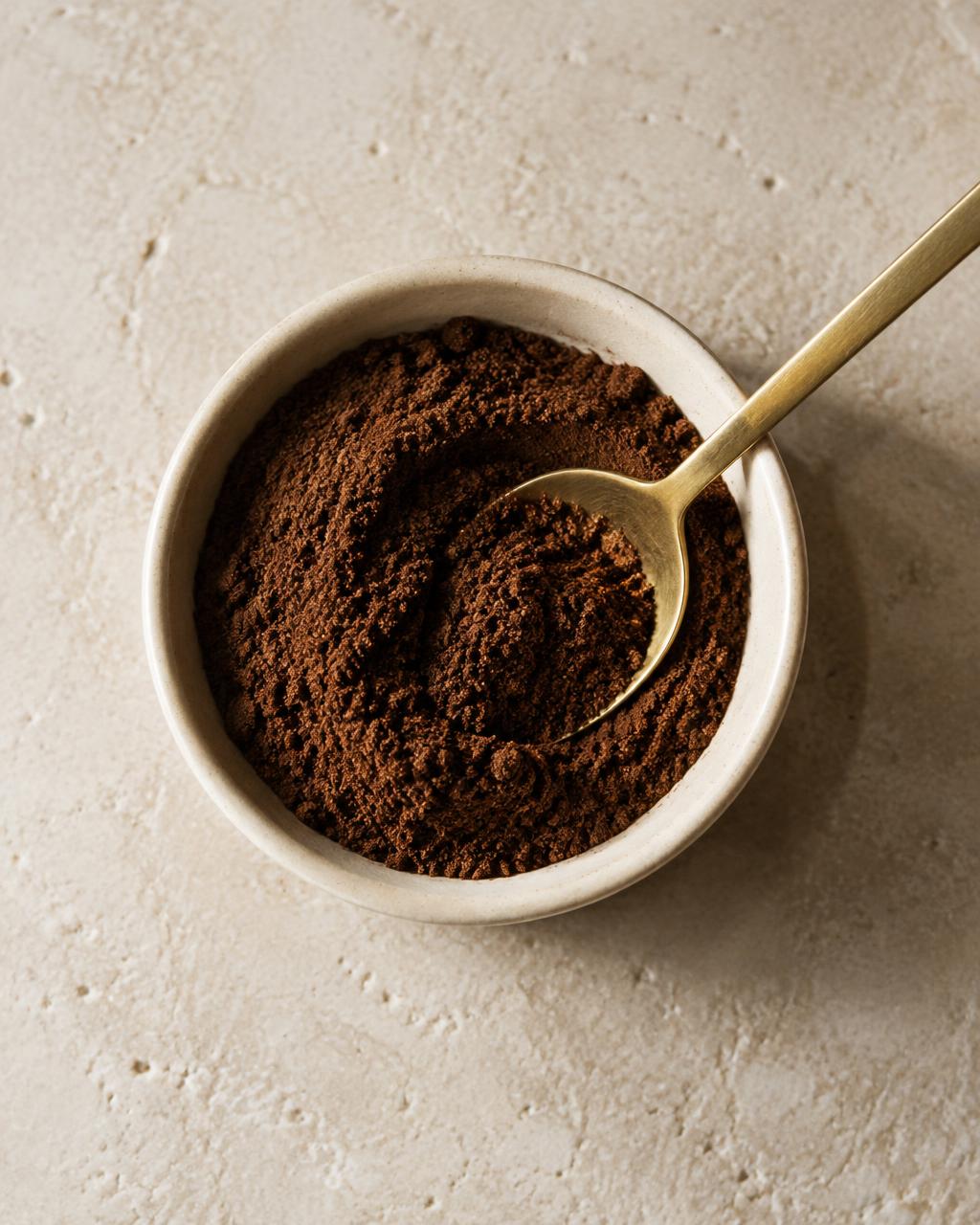 Poudre de café dans un bol en céramique avec une cuillère dorée